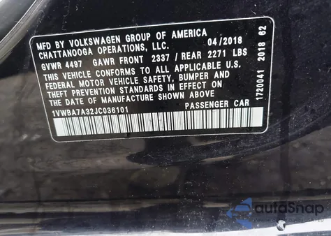 2018 Volkswagen Passat 2.0T Se from USA, damaged, VIN 1VWBA7A32JC036101